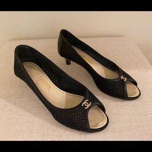 CHANEL black mesh peep toe faux pearl